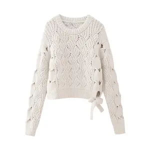 SML Women's New Fashion Bow Decorated Knitted Sweater Retro Round Neck Long Sleeve Women's Sweater
