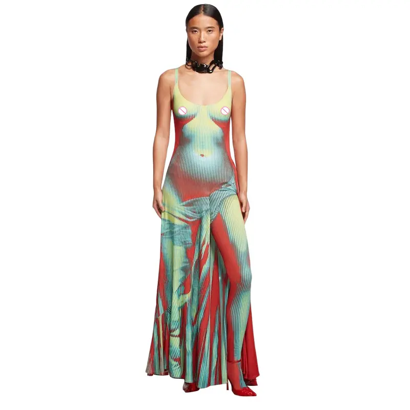Sexy 3D Body Printing Summer Dresses for Women Spaghetti Straps Long Party Robe Night Club Outfits Fashion Female Clothing