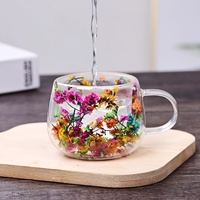 Tasse à double paroi en verre borosilicate isolé 150 ml avec fleurs séchées esthétiques, mug créatif pour thé et café avec poignée