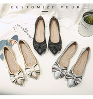 Chaussures plates personnalisées pour femmes en cuir souple brillant à bout pointu avec nœud, magnifiques escarpins plats pour dames