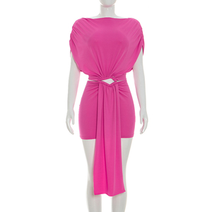 Viviblook Q26DS039 Vestido de Verano para Mujer, Nuevo, Color Sólido, Casual, Ajustado, Plisado, Manga Corta, con Lazo, Mini Vestido Bodycon - Product Image 1