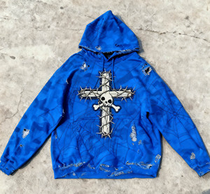 Sudadera con Capucha de Diseño OEM de Lujo para Hombre, Colección Otoño, con Bajo de Corte Crudo, Estampado Digital de Araña, Apliques de Camuflaje, Bordado Desgastado y Detalles con Cuentas - Product Image 2