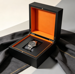 Boîte à montre simple en cuir PU de luxe, étui de rangement pour montre-bracelet à ouverture à charnière avec intérieur orange pour emballage cadeau de montre-bracelet - Product Image 5