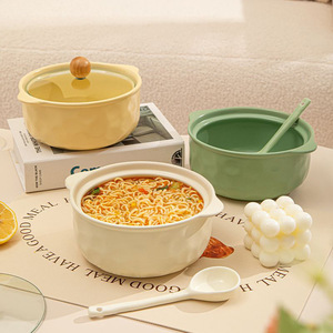Tazón de Cerámica para Fideos Instantáneos con Tapa, Tazón Grande para Sopa con Doble Asa, Apto para Microondas, Uso Doméstico, Color Sólido, Primavera 2024 - Product Image 3