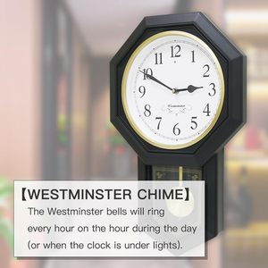 Horloge murale noire avec <span class=keywords><strong>pendule</strong></span> oscillant, sonnerie de Westminster à quartz, arrêt automatique la nuit, cadran facile à lire pour salon et <span class=keywords><strong>cuisine</strong></span> - Product Image 3