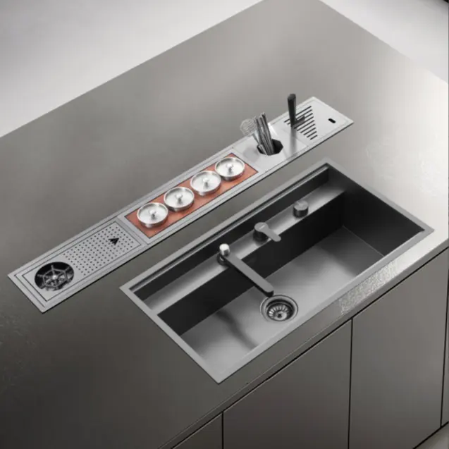 Paslanmaz çelik tahliye borusu çift kase kare mutfak lavabo depolama lavabo ile özelleştirilmiş ada sayacı bar sayacı