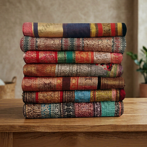 Wholesale Vintage Brocade Stripe Sari Kantha <b>Throw</b> Handmade Kantha <b>Quilt</b> - Product Image 1
