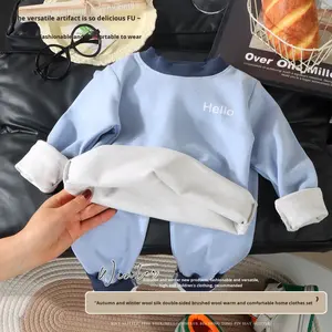 Conjunto de Pijama de Dos Piezas para Niños y <span class=keywords><strong>Niñas</strong></span>, Diseño de Bloques de Color, Ropa Interior Térmica para Otoño e Invierno, Venta al Por Mayor - Product Image 3