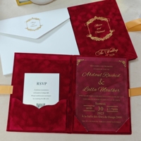 Folio de luxe en velours avec couverture rigide dorée, invitations de mariage, enveloppes, invitations personnalisées en acrylique pour cartes de réservation de date et RSVP