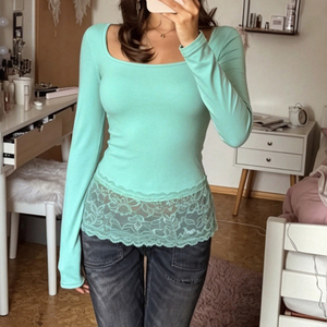 Pure Sexy Vintage Sheer Lace Patchwork <b>Square</b> <b>Neck</b> Slim Fit Layering <b>Top</b> Youthful Home Flattering Stretchy Versatile <b>Long</b> <b>Sleeve</b> - Product Image 4