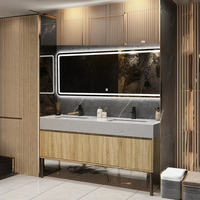 Armoire de salle de bain murale à double vasque Finition en pierre LED Comptoir en céramique Table de lavage de sol Suite de toilettes Utilisation à domicile hôtel