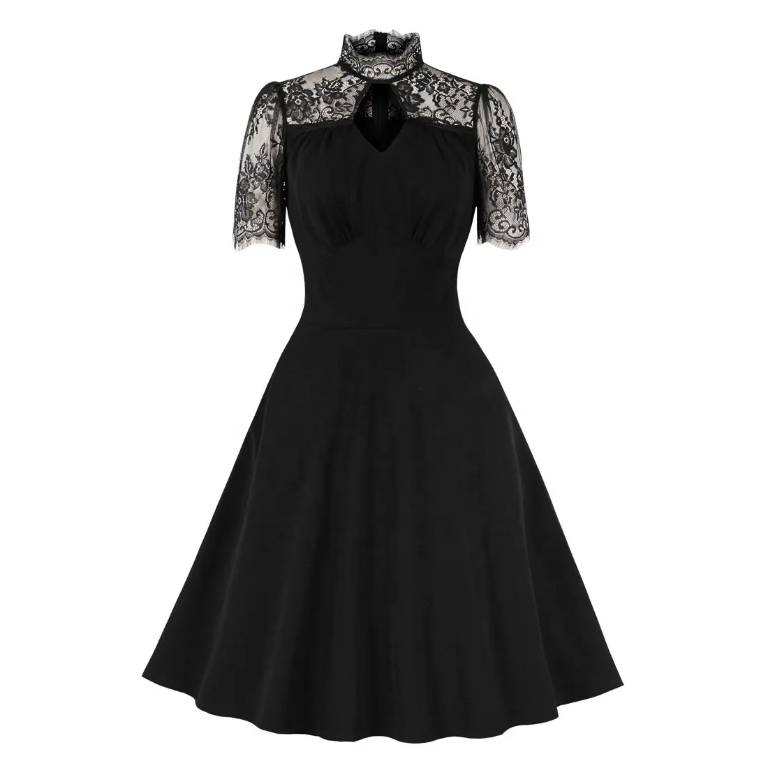 MXN-3253 wholesale ladies medieval gothic floral lace halloween black vintage dress women casual dress