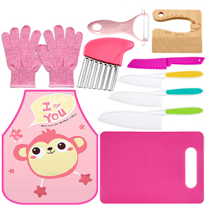 11 pièces en bois enfants cuisine en plastique couteau ensemble enfants sûr avec bords dentelés en plastique enfant en bas âge couteau éplucheur et planche à découper - Product Image 1