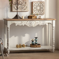 Console vintage française en bois sculpté vieilli, table d'entrée rustique à 2 niveaux, table d'appoint décorative, long bureau console pour la maison