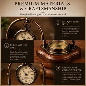 Leathervines Vintage Brass Desk <b>Clock</b> With Compass Solid Wood Base Traditional Tabletop Decor <b>Battery</b> Operated - Product Image 6