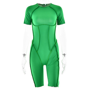 Mono corto de mujer sin espalda, de cintura alta, ajustado, con manga corta, color liso, estilo urbano, negro, azul, verde, poliéster, talla grande - Product Image 5