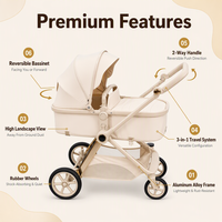 Poussette bébé légère 3-en-1, système de voyage, nacelle réversible, amortissement des chocs, alliage d'aluminium