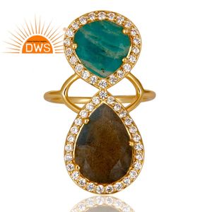 Amazonite and <b>Labradorite</b> Gemstone Ring 14k Gold Vermeil Statement Brass Ring Fashion <b>Jewelry</b> Supplier Vintage Collection - Product Image 2