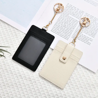 Porte-cartes d'identité en cuir PU, porte-clés en similicuir grain litchi avec fenêtre transparente et fermoir mousqueton