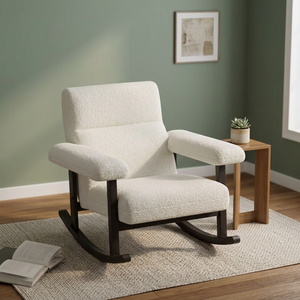 Modern White Fabric Rocking Chair With Wooden Legs Solid Back Living Room Furniture Scandinavian Style - Product Image 3