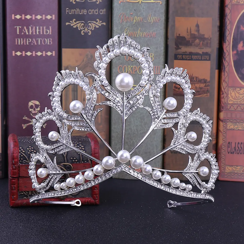 New Silver Color Queen Tiaras And Crowns Pearl Rhinestone Feather Wedding Hair Accessories For Women Diadems King Princess Crown