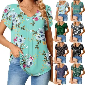 S-3XL Women's Summer Dressy Casual Chiffon Blouse Spring Short Sleeve Button Up Shirts Work Tunic Tops