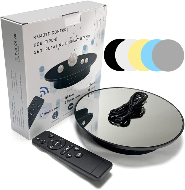 360 Degree Remote Control Photography Turntable with 5 PVC Backgrounds Battery/USB Powered for Advertising Products