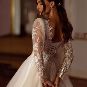 V-Neck <b>Lace</b> Ball Gown Wedding Dress Natural Waist Vintage Style Pure <b>White</b> Ivory Polyester Fabric - Product Image 4