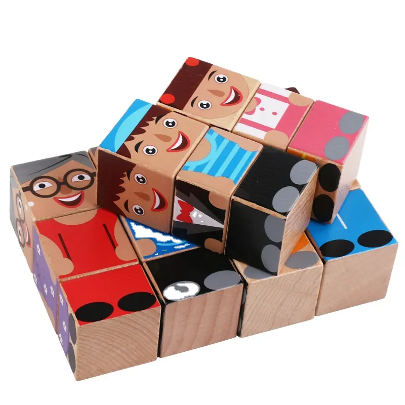 Children Wooden Colorful Toys Professional Character Cube Assemble Wooden Blocks Puzzle Montessori Educational Toys