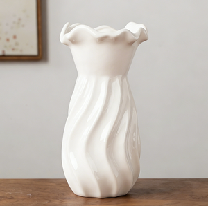 Vase en céramique blanc émaillé minimaliste de qualité supérieure à large ouverture avec fonction hydroponique pour la présentation de fleurs séchées ou fraîches dans le salon - Product Image 5