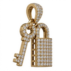 14K Gold <b>Padlock</b> Key Pendant Moissanite Charm Round Brilliant Cut Unisex Jewelry Custom Lock Key Necklace - Product Image 1