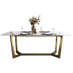 Cheap hotel luxury dining table set stainless steel dining set 6 or 8 seat gold legs long table with chair