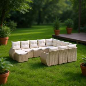 Beige Garden <b>Sofa</b> Set With Cushioned Seats And Pe <b>Rattan</b> Frame For Outdoor Use Contemporary Design - Product Image 2
