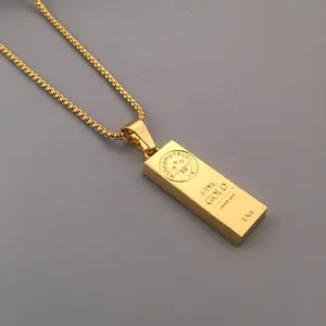 Hot Sale Fashion Jewelry Vintage Retro Stainless Steel Engraved Gold Filled Cube Bar Bullion Pendant Necklace for Men