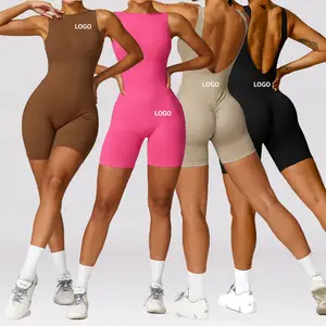 Custom Yoga Sport Jumpsuit Gym Bodysuit Vierweg Stretch V-Vormige Rug Yoga Bodysuit Eendelig Stretchy Fitness Dames Romper