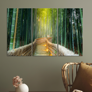 Conjunto de 3 Lienzos Decorativos Art Deco con Diseño de Bosque de Bambú Iluminado por el Sol, Decoración Moderna Japonesa Zen para Colgar en la Pared - Product Image 3