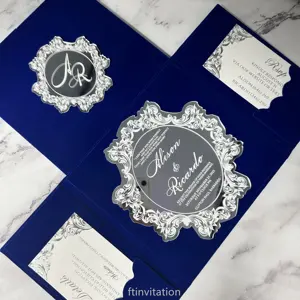 Inviti di nozze di lusso blu reale specchio d'argento invito invito a nozze con copertina rigida Gatefold