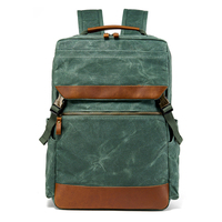Sac à dos en toile cirée résistant à l'eau avec garniture en cuir véritable, compartiment pour ordinateur portable, sac de voyage vintage utilitaire