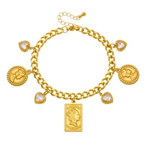 European American Gold Plated Geometric Charm Bracelet With Portrait Pendant And Diamond Heart Accents Gift Jewelry - Product Image 5