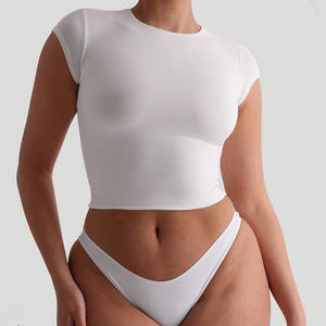 2025 गर्मियों में महिलाओं की फसल शीर्ष सांस लेने योग्य फिटनेस कैप आस्तीन हल्के स्ट्रेची नरम क्रेवनेक फिट बेबी - Product Image 6