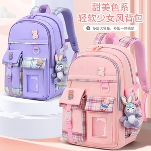 Cute Plaid School <b>Backpack</b> For Girls 15 Inches <b>Lightweight</b> With Cartoon Bear And Bunny Design For Elementary Students - Product Image 2