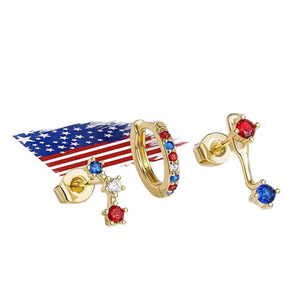 Christmas Women's Gold Plated Red White <b>Blue</b> Zircon <b>Stud</b> Huggie Hoop <b>Earring</b> Set Hypoallergenic Holiday Patriotic Jewelry For - Product Image 1