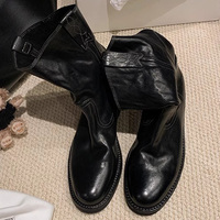 Femmes automne et hiver bout rond bottes de mollet souple en cuir talon épais rétro Western Denim bottes courtes