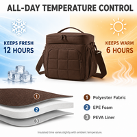 Sac à déjeuner isotherme pliable 14L en polyester imperméable léger grand format marron pour femme, sac isotherme souple avec côtés extensibles