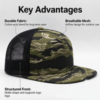 Casquettes de baseball camouflage 5 panneaux, casquettes de baseball personnalisées 5 panneaux, casquettes de baseball en maille à visière plate