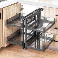 Panier d'angle universel rotatif Lazy Susan avec plateau coulissant en verre trempé gris pour rangement de meuble de cuisine