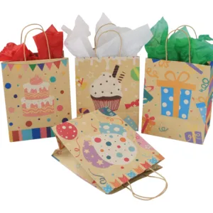 4 farklı tasarım kraft kağıt mutlu doğum günü hediyesi çanta, hediye kağıt torbalar doğum günü partileri için