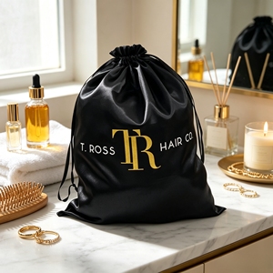 Bolsa de satén de seda negra reutilizable al por mayor con cordón, logotipo de marca personalizado, bolsa de regalo, bolsa de almacenamiento a prueba de polvo para pelucas - Product Image 1