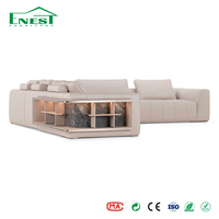 Canapé modulable de luxe avec table d'appoint en marbre et éclairage LED, canapé en cuir de vachette premium pour projet d'aménagement intérieur de villa