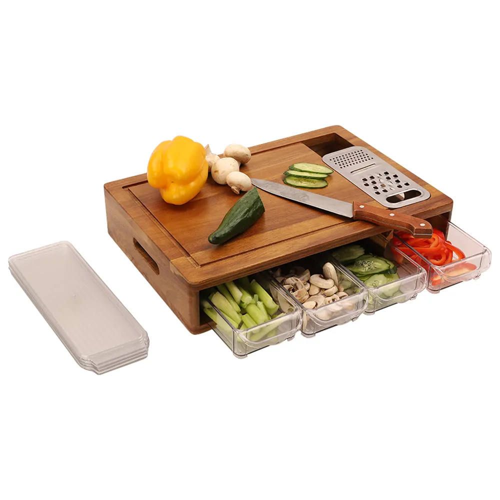 Acacia Wood Cutting Board with Stackable Containers Chopping Boards Chopping Blocks Kitchen Rectangle Wood Tray Custom Wood